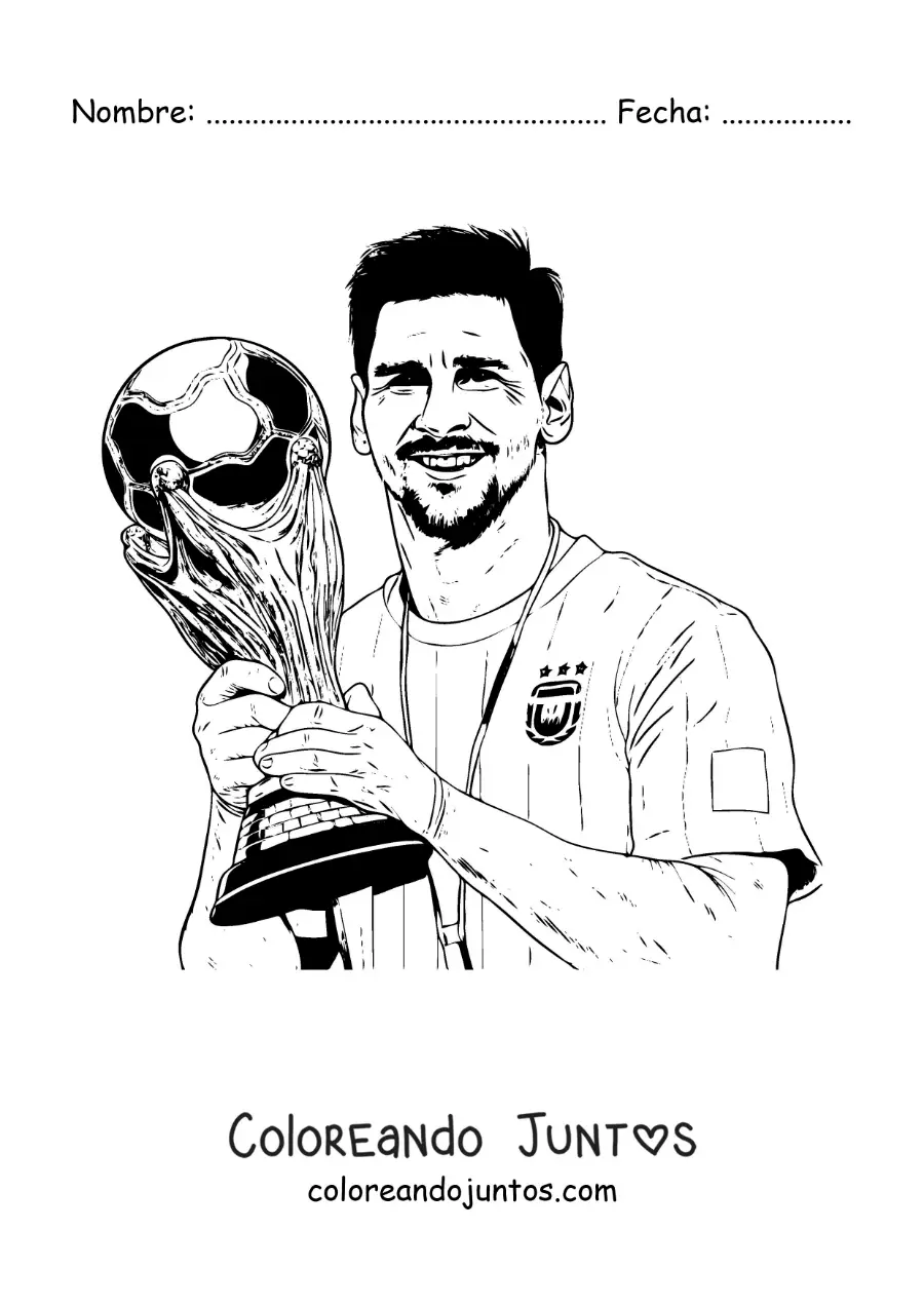 Imagen para colorear de Lionel Messi con la copa del mundo