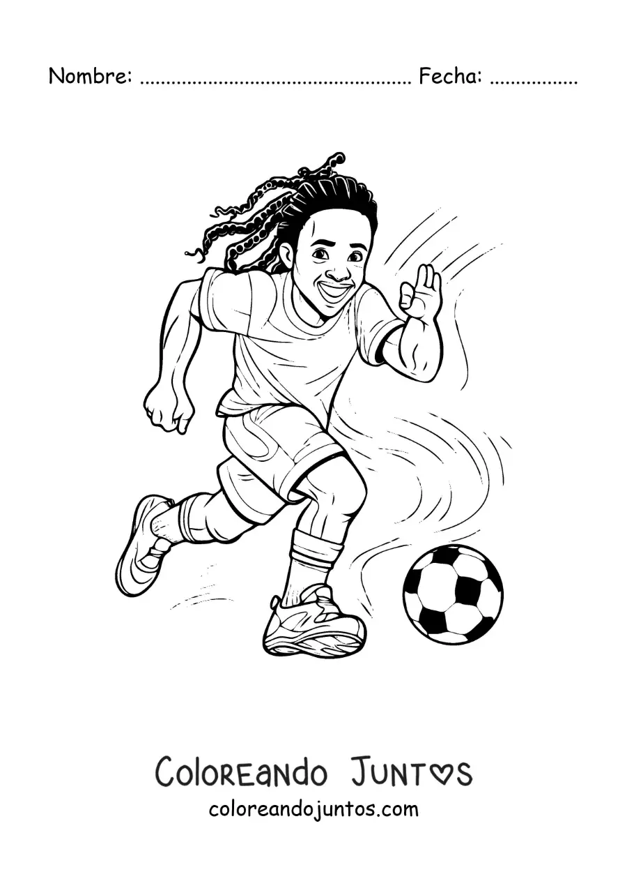 Imagen para colorear de una caricatura fácil de Ronaldinho jugando fútbol