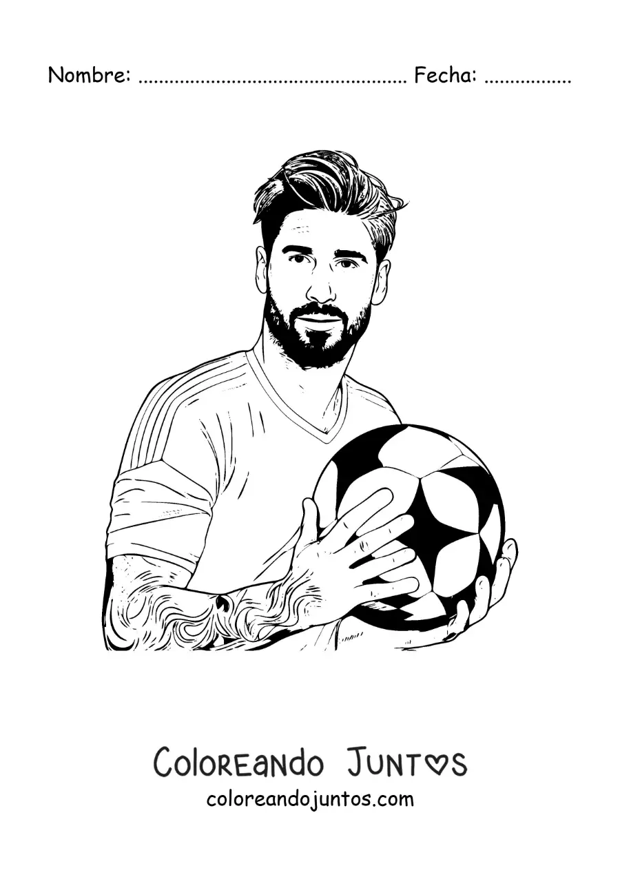 Imagen para colorear de Sergio Ramos animado con un balón de fútbol