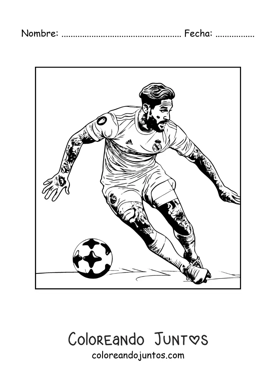 Imagen para colorear de Sergio Ramos con el cabello largo jugando fútbol