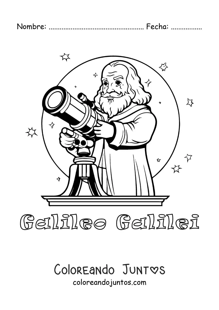 Imagen para colorear de Galileo Galilei animado con un telescopio