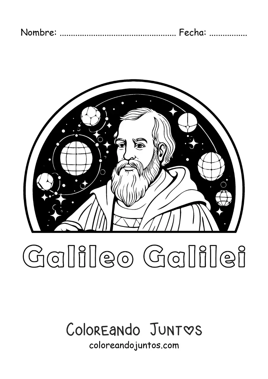 Imagen para colorear de Galileo Galilei con los planetas