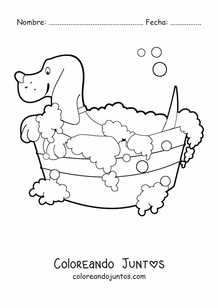 Imagen para colorear de un perro tomando un baño en una cubeta llena de burbujas