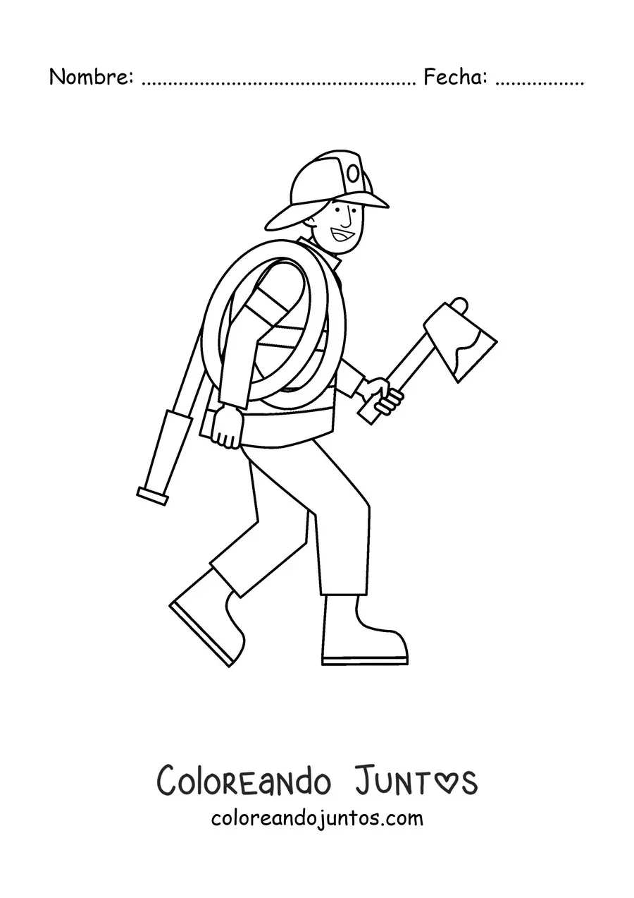 Imagen para colorear de un bombero animado con una manguera y un hacha