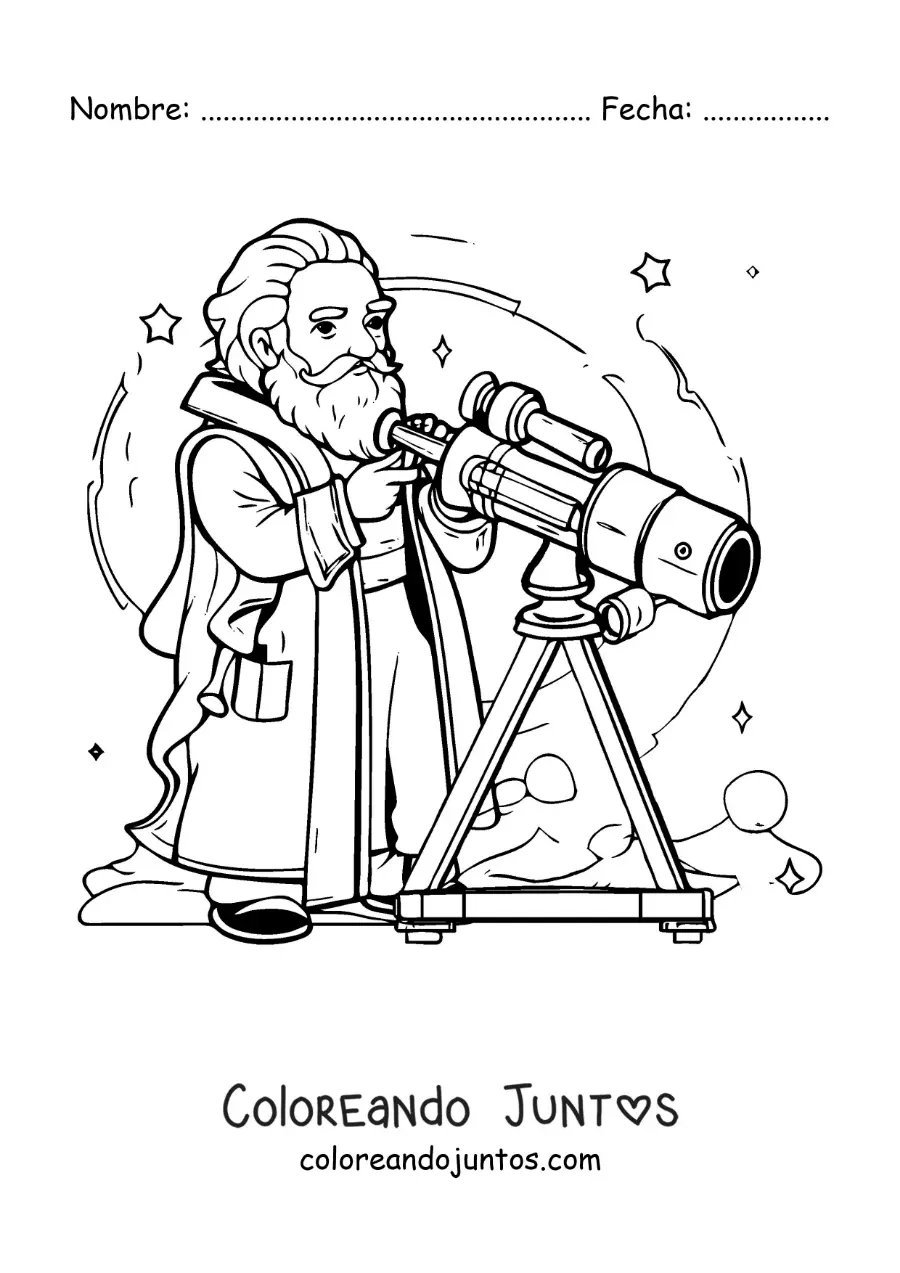 Imagen para colorear de Galileo Galilei animado viendo a través de un telescopio