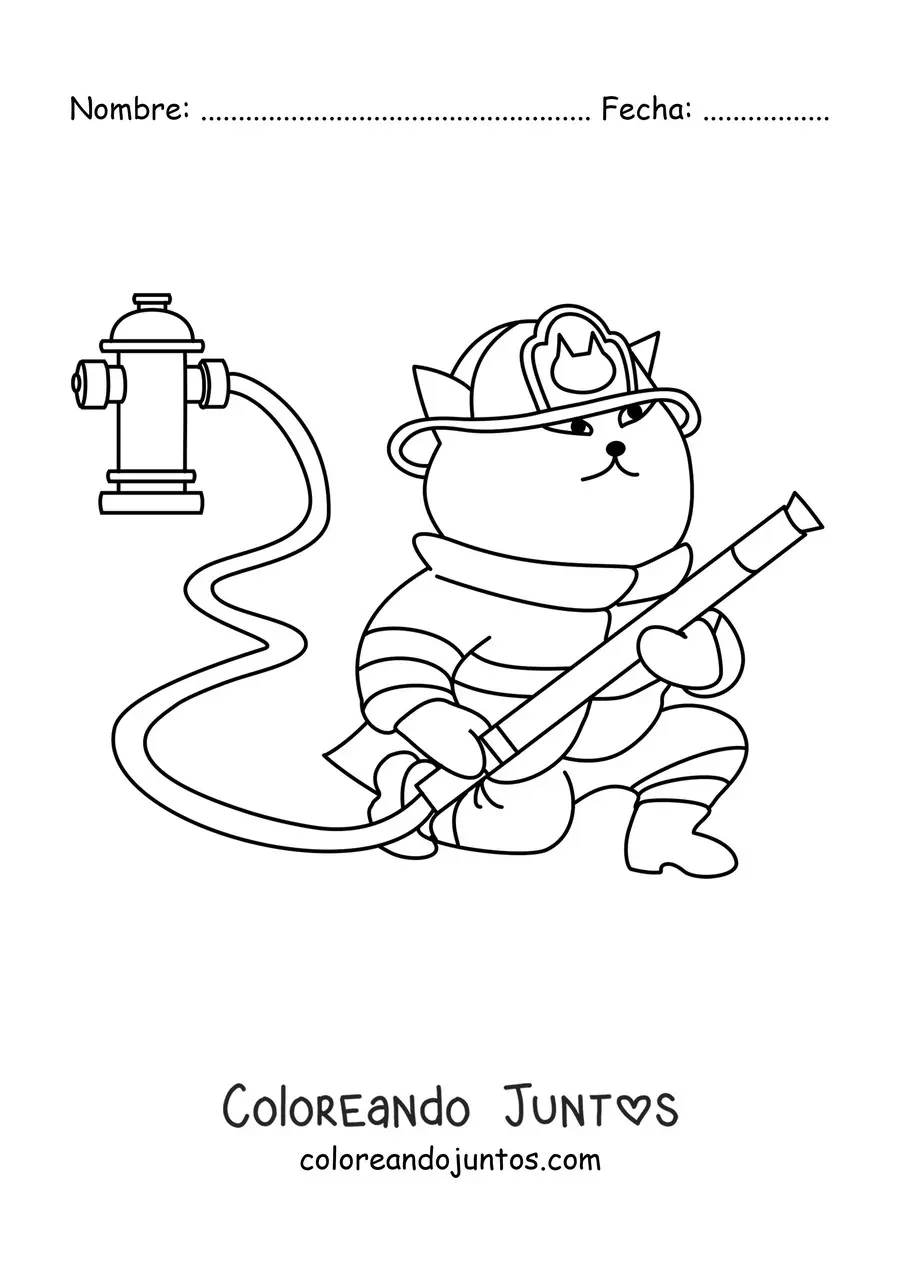 Gato bombero animado sosteniendo una manguera | Coloreando Juntos