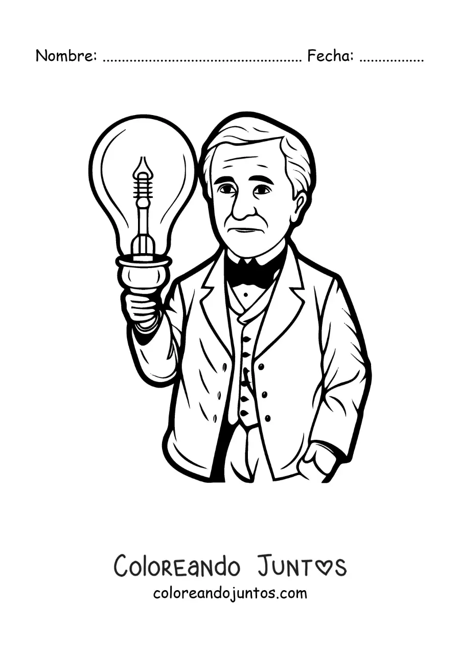 Imagen para colorear de caricatura de Thomas Edison con un bombillo