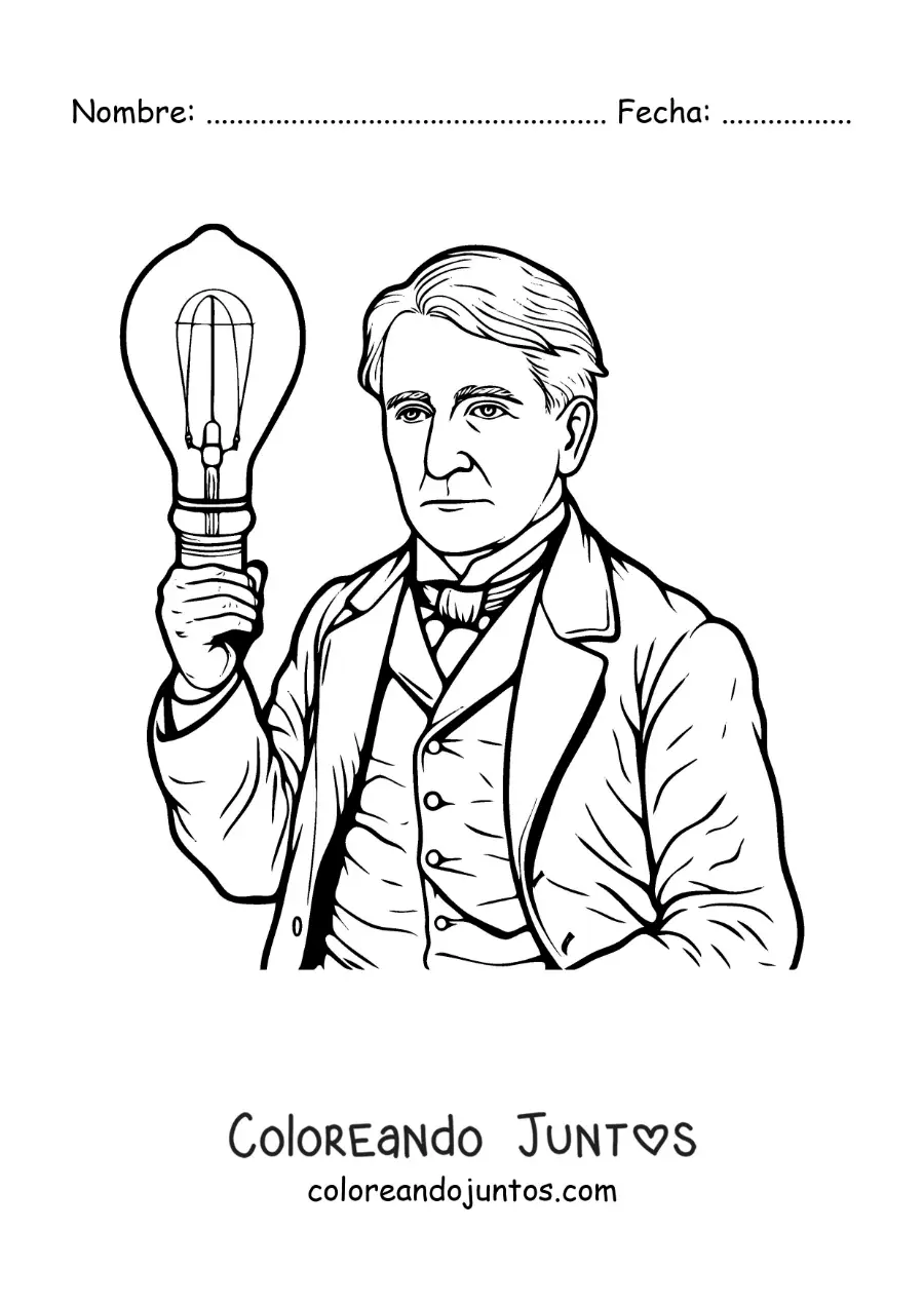 Imagen para colorear de Thomas Edison animado con una bombilla