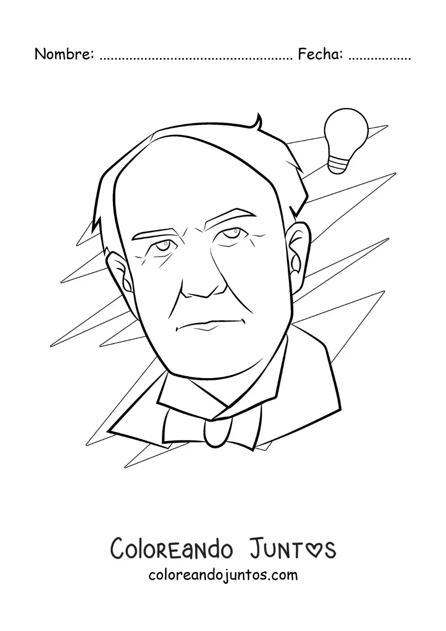 Imagen para colorear de retrato de Thomas Edison fácil con un bombillo