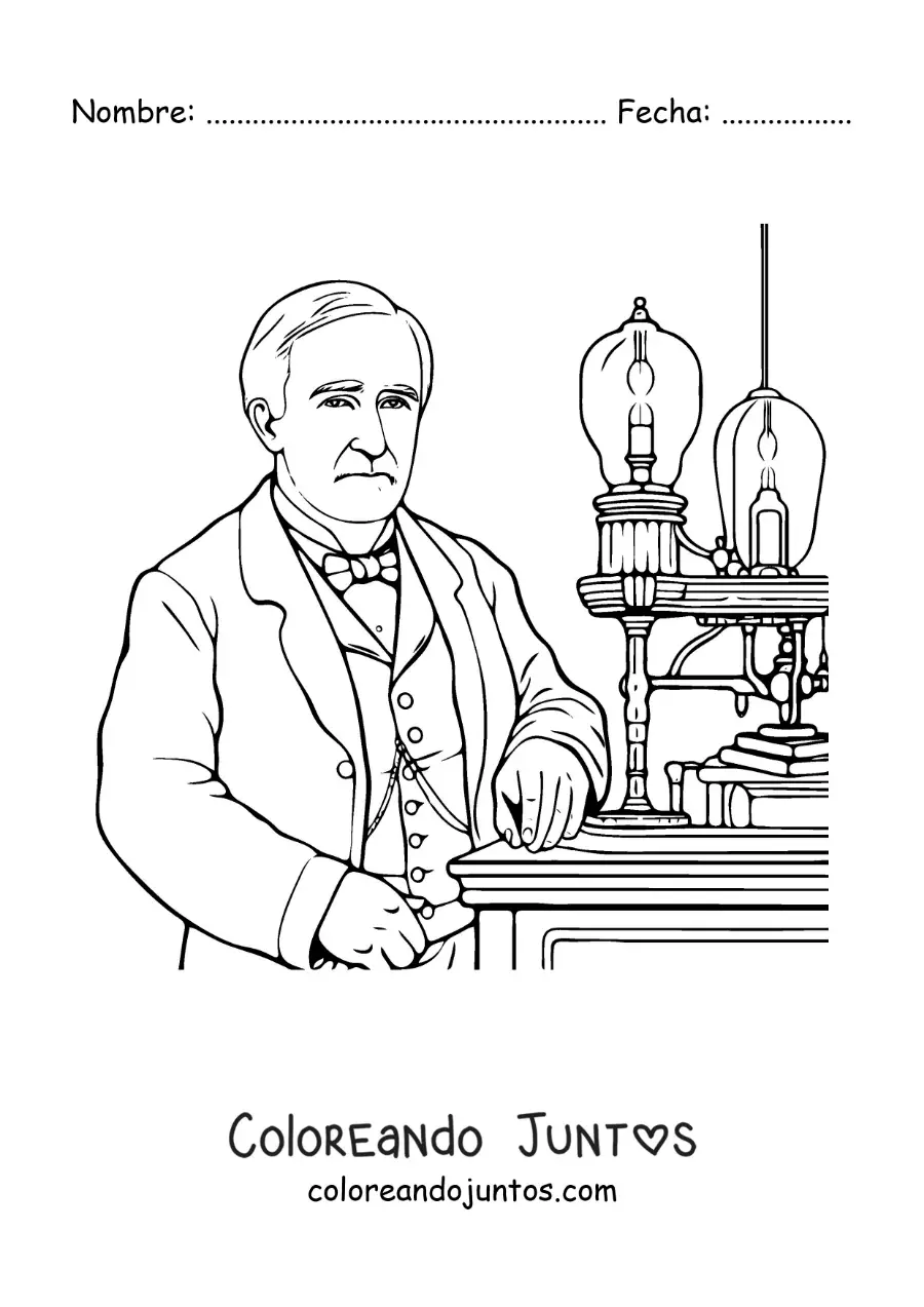 Imagen para colorear de el inventor Thomas Edison en su taller