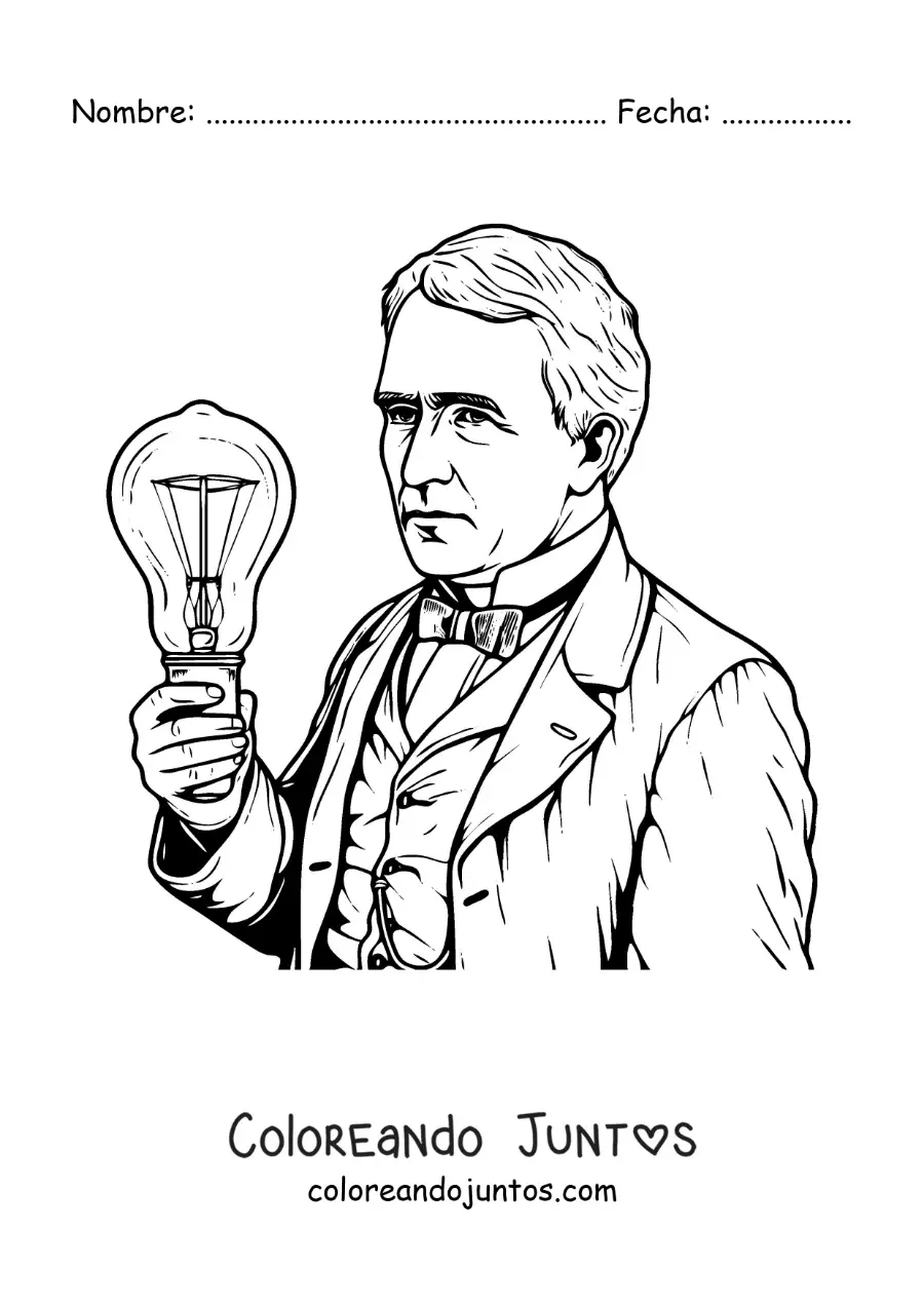 Imagen para colorear de Thomas Edison con una bombilla en estilo realista