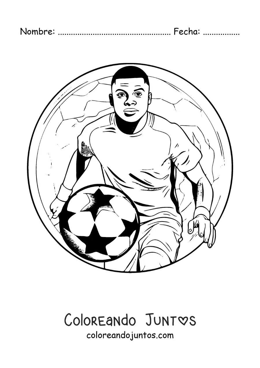 Imagen para colorear de Kylian Mbappé animado con un balón de fútbol