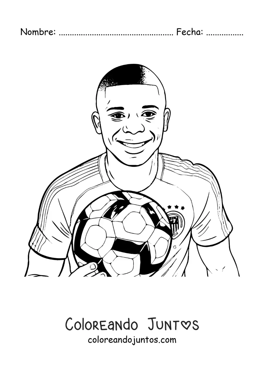 Imagen para colorear de retrato animado de Kylian Mbappé sonriendo con un balón de fútbol