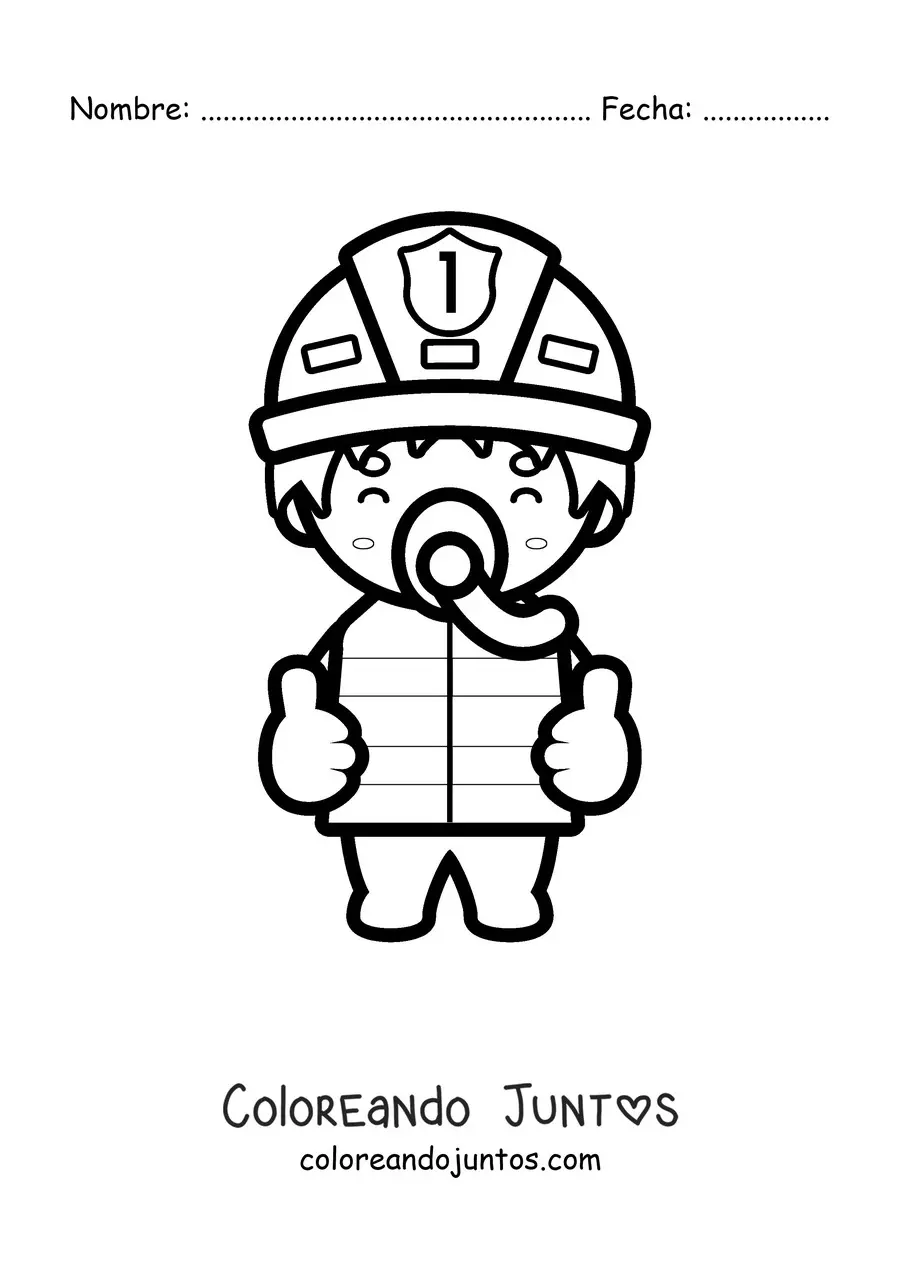Imagen para colorear de un bombero kawaii usando una máscara respiratoria