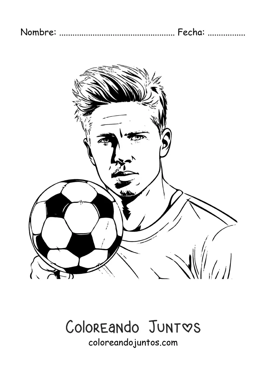 Imagen para colorear de retrato de Kevin De Bruyne con un balón de fútbol en estilo realista