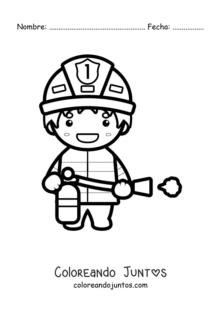 Imagen para colorear de un bombero kawaii con un extintor