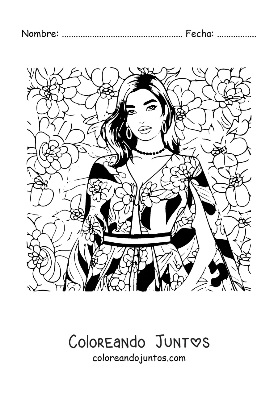 Imagen para colorear de Dua Lipa animada con un vestido y flores