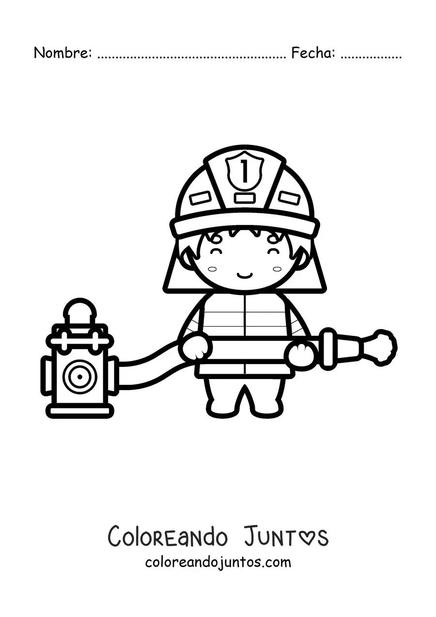 Imagen para colorear de un bombero kawaii con una manguera
