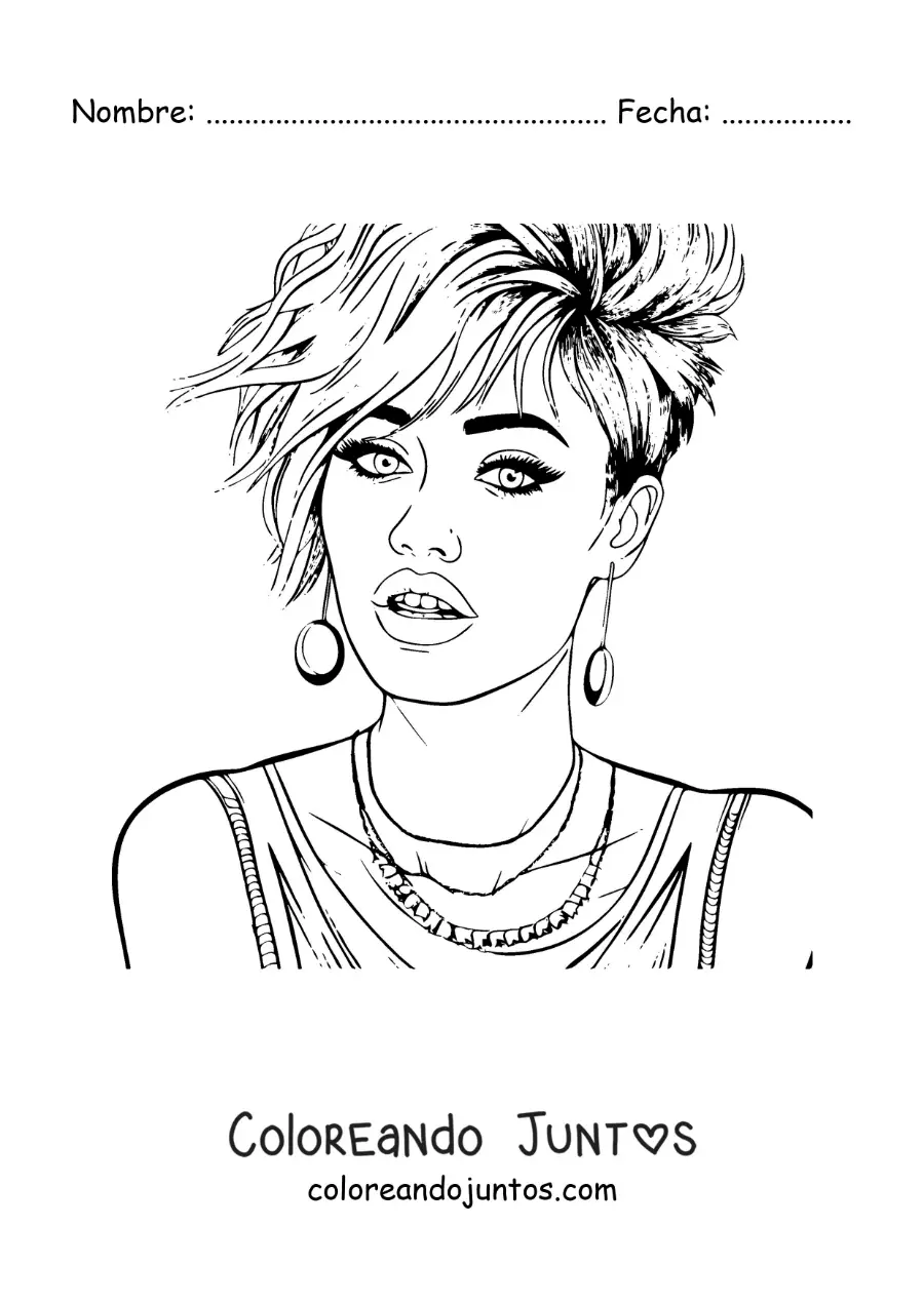 Imagen para colorear de Miley Cyrus animada con peinado corto