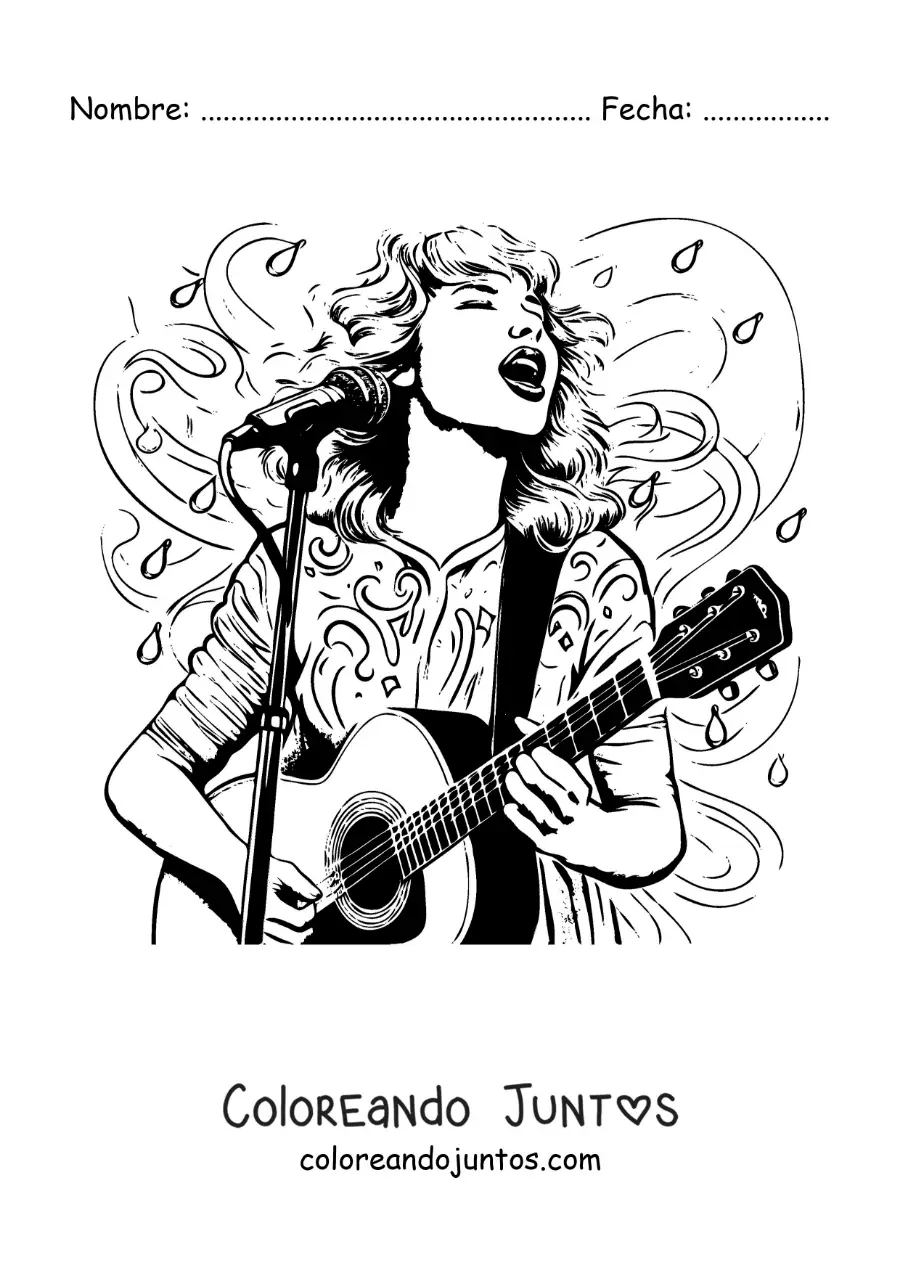 Imagen para colorear de caricatura de Taylor Swift cantando con una guitarra
