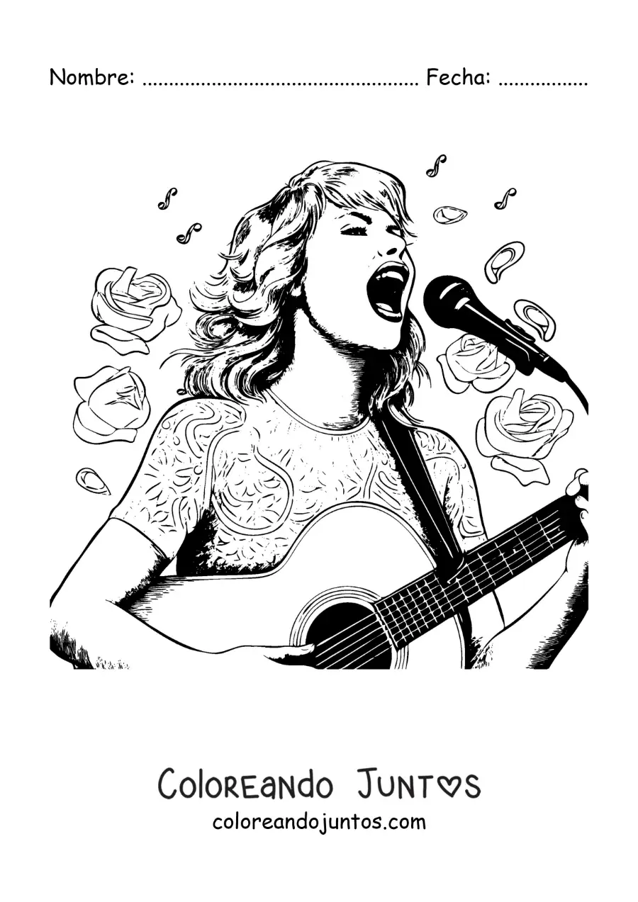 Imagen para colorear de Taylor Swift animada cantando con una guitarra