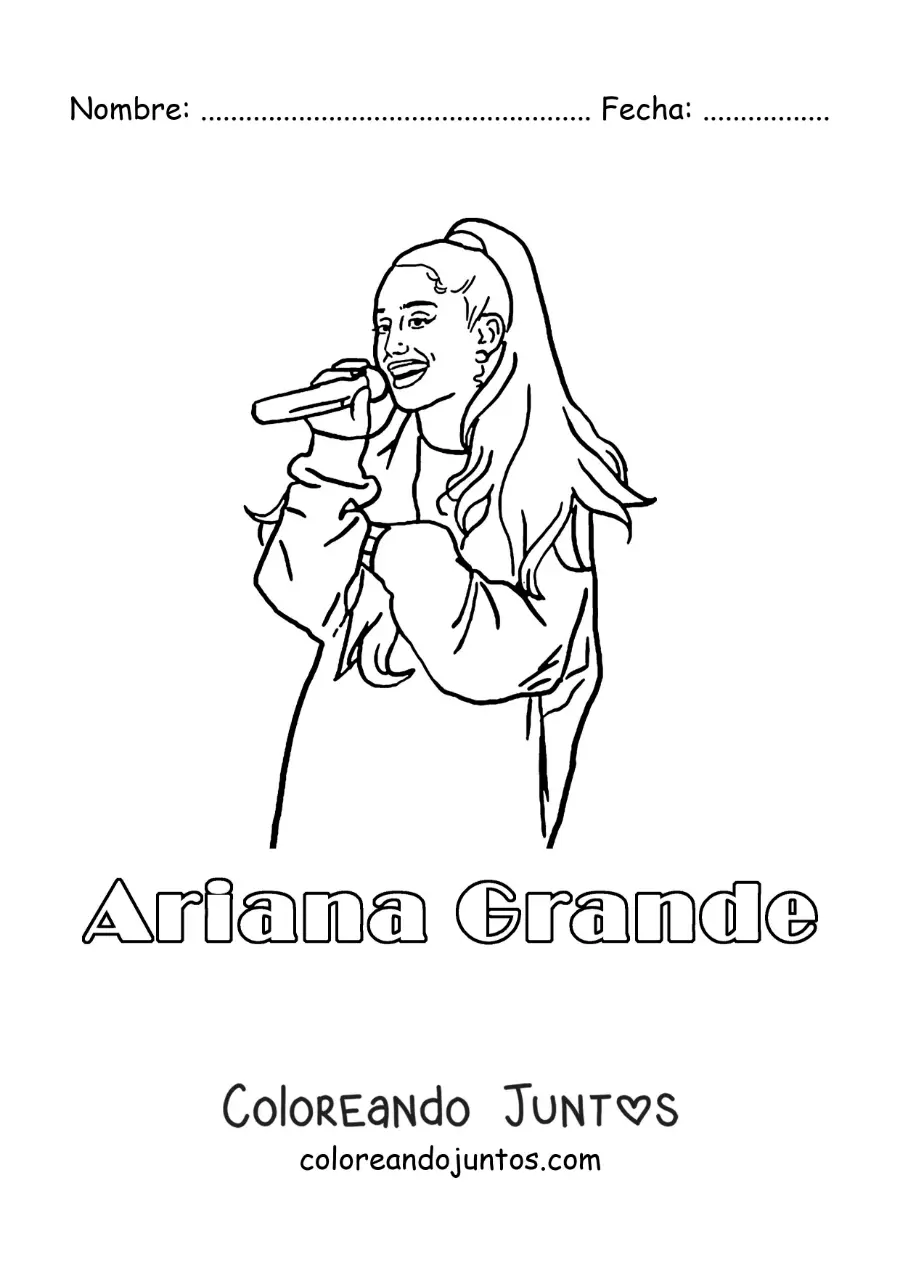 Imagen para colorear de un retrato de Ariana Grande animada cantando con su nombre
