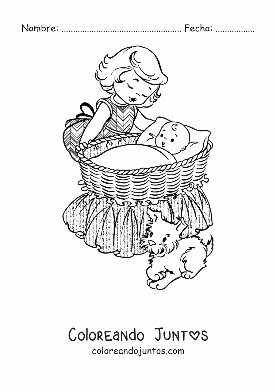 Imagen para colorear de una niña y un perro junto a un bebé en una cuna