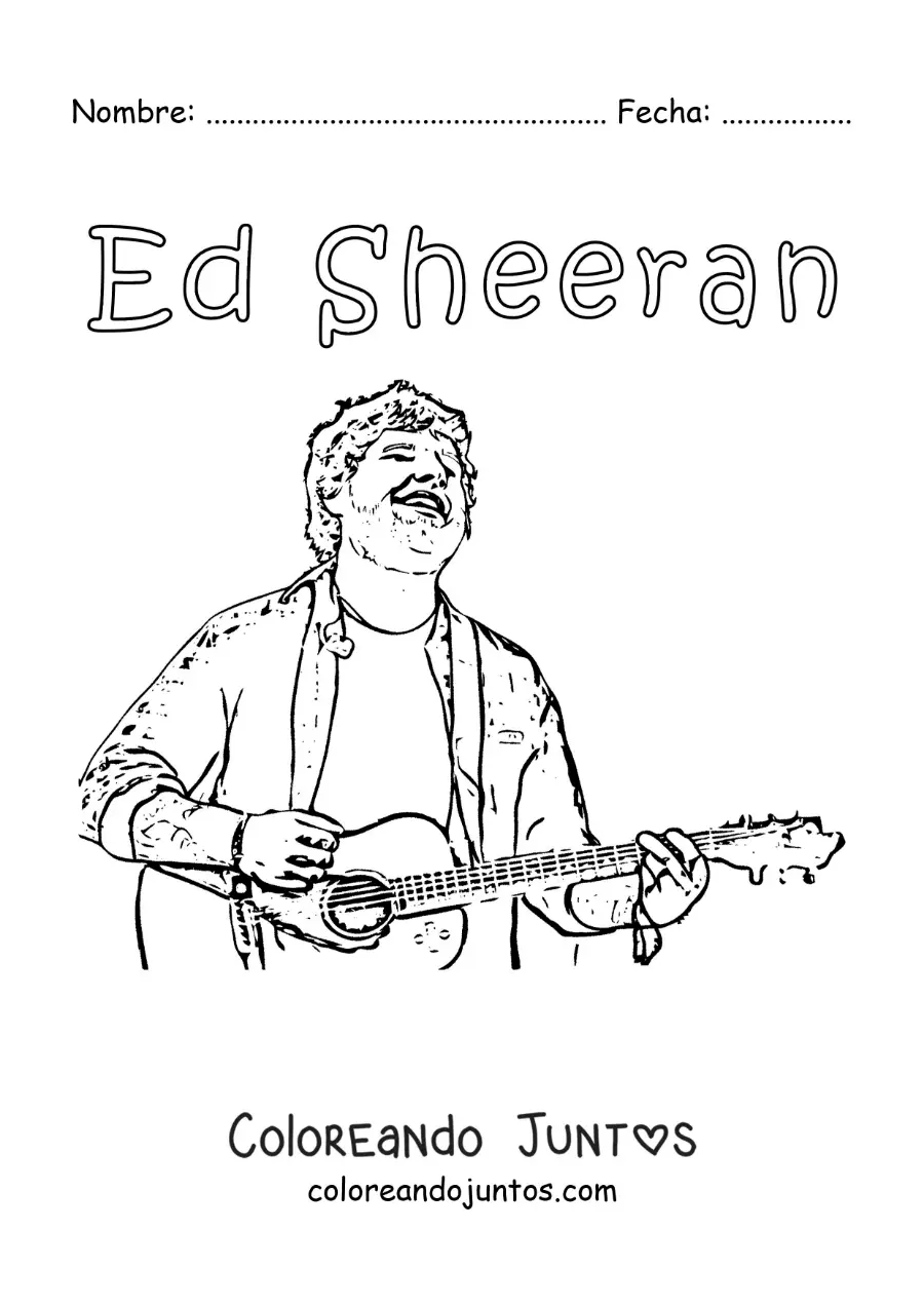 Imagen para colorear de un dibujo a lápiz de Ed Sheeran animado cantando con una guitarra