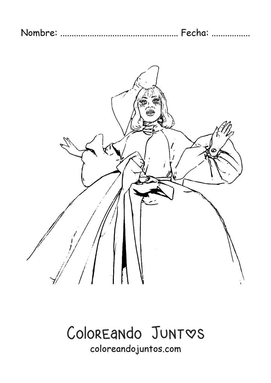 Imagen para colorear de Lady Gaga animada con vestido