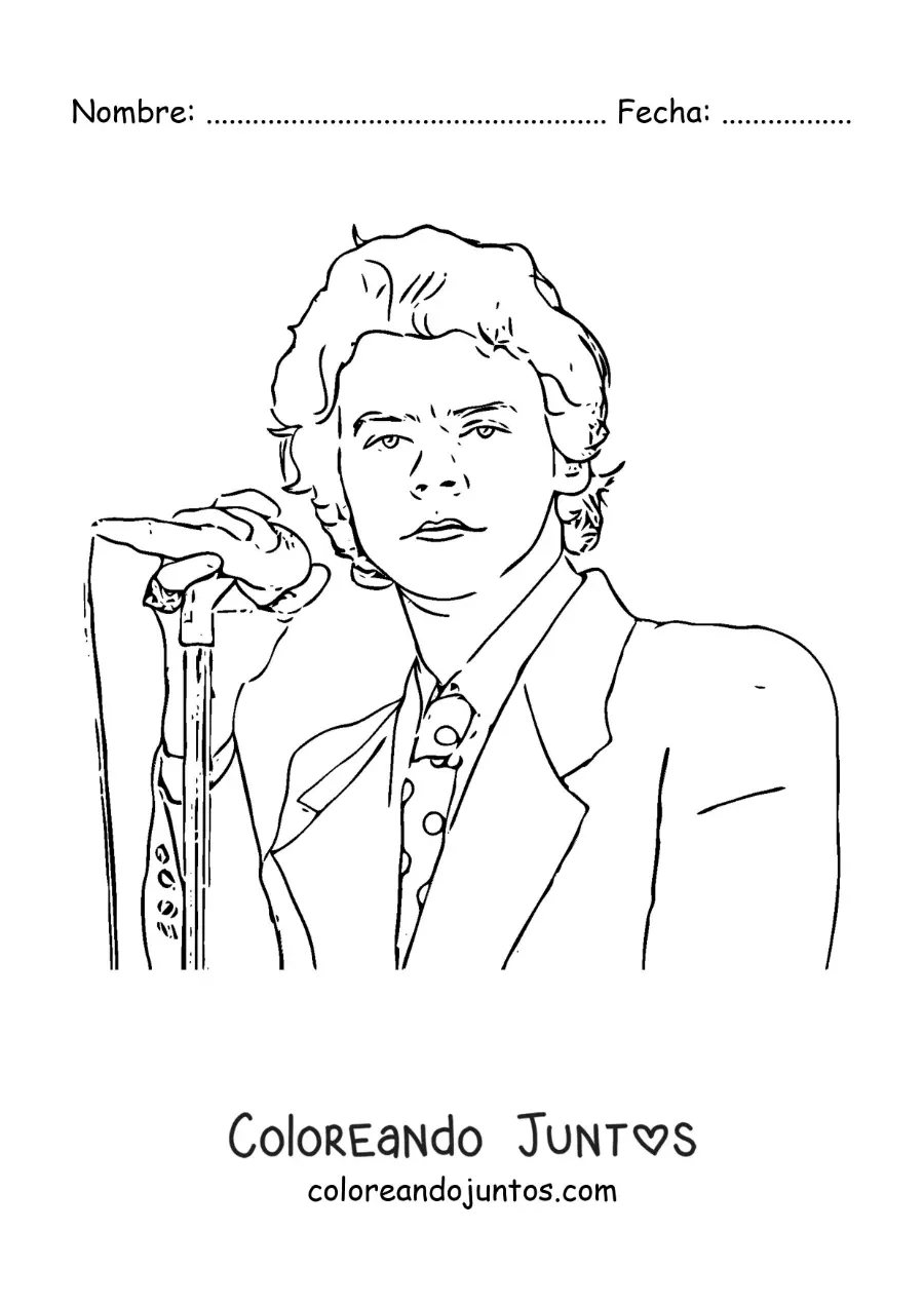 Imagen para colorear de un retrato de Harry Styles cantando con un micrófono en estilo realista