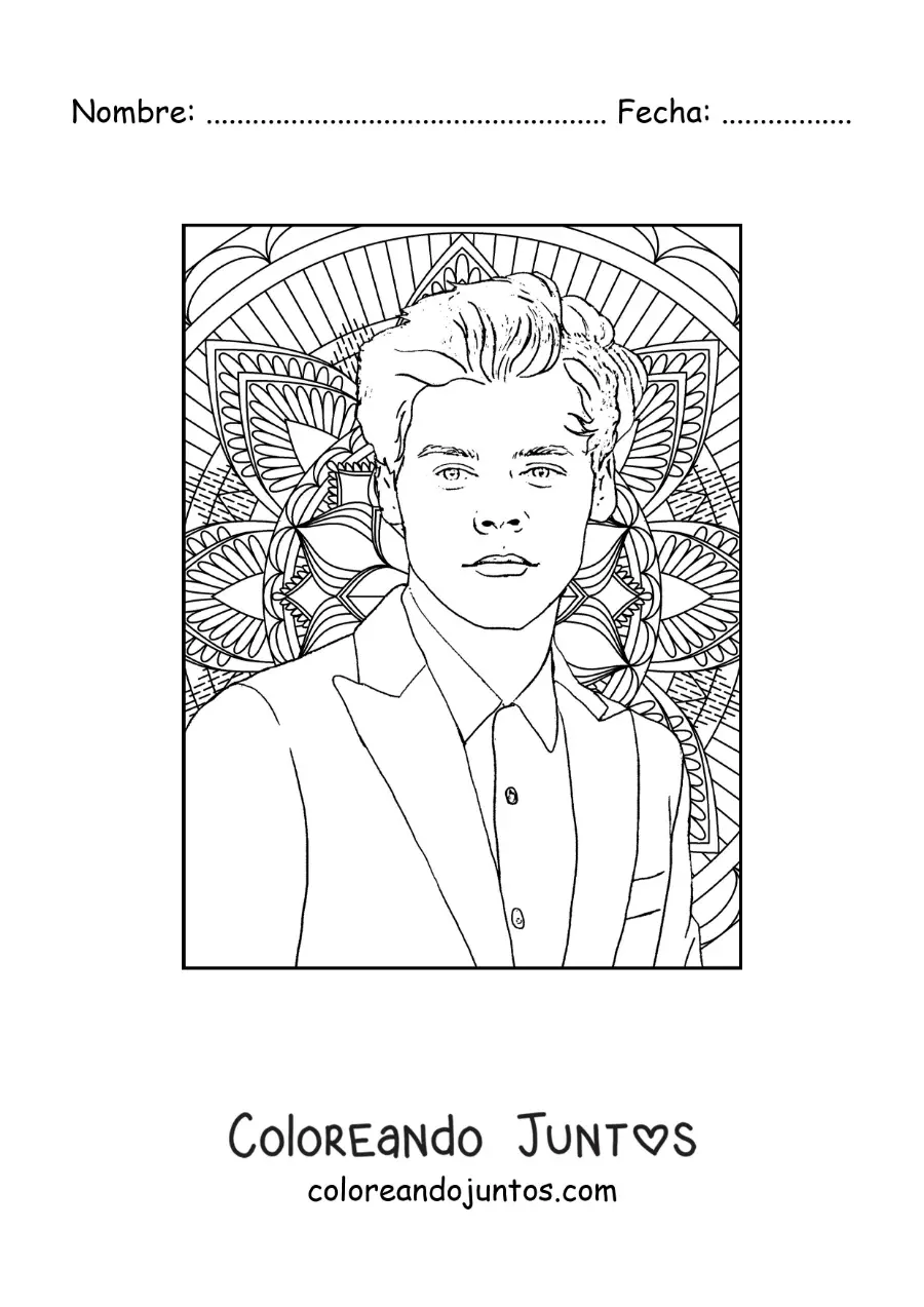 Imagen para colorear de mandala con retrato de Harry Styles
