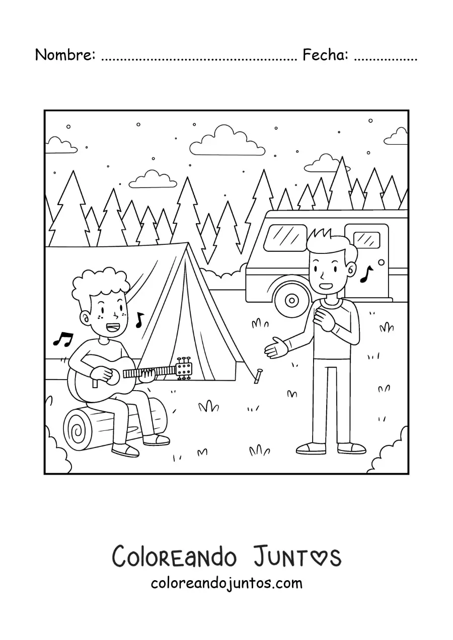 Imagen para colorear de dos niños con una guitarra cantando en un campamento