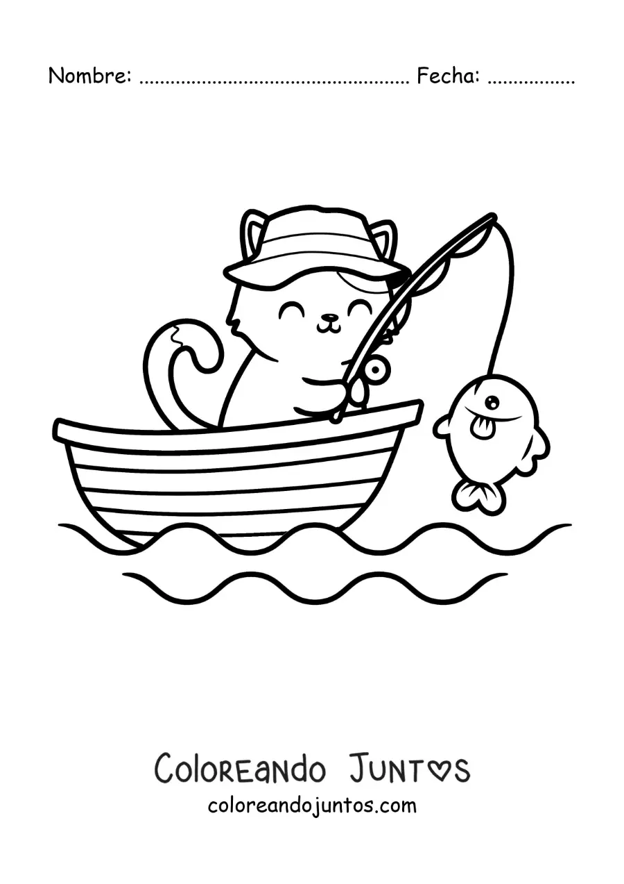 Imagen para colorear de un gato animado pescando un pez en un bote