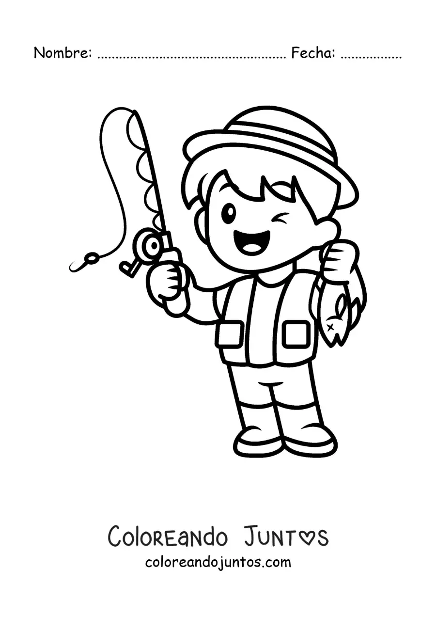 Imagen para colorear de un niño pescador kawaii animado