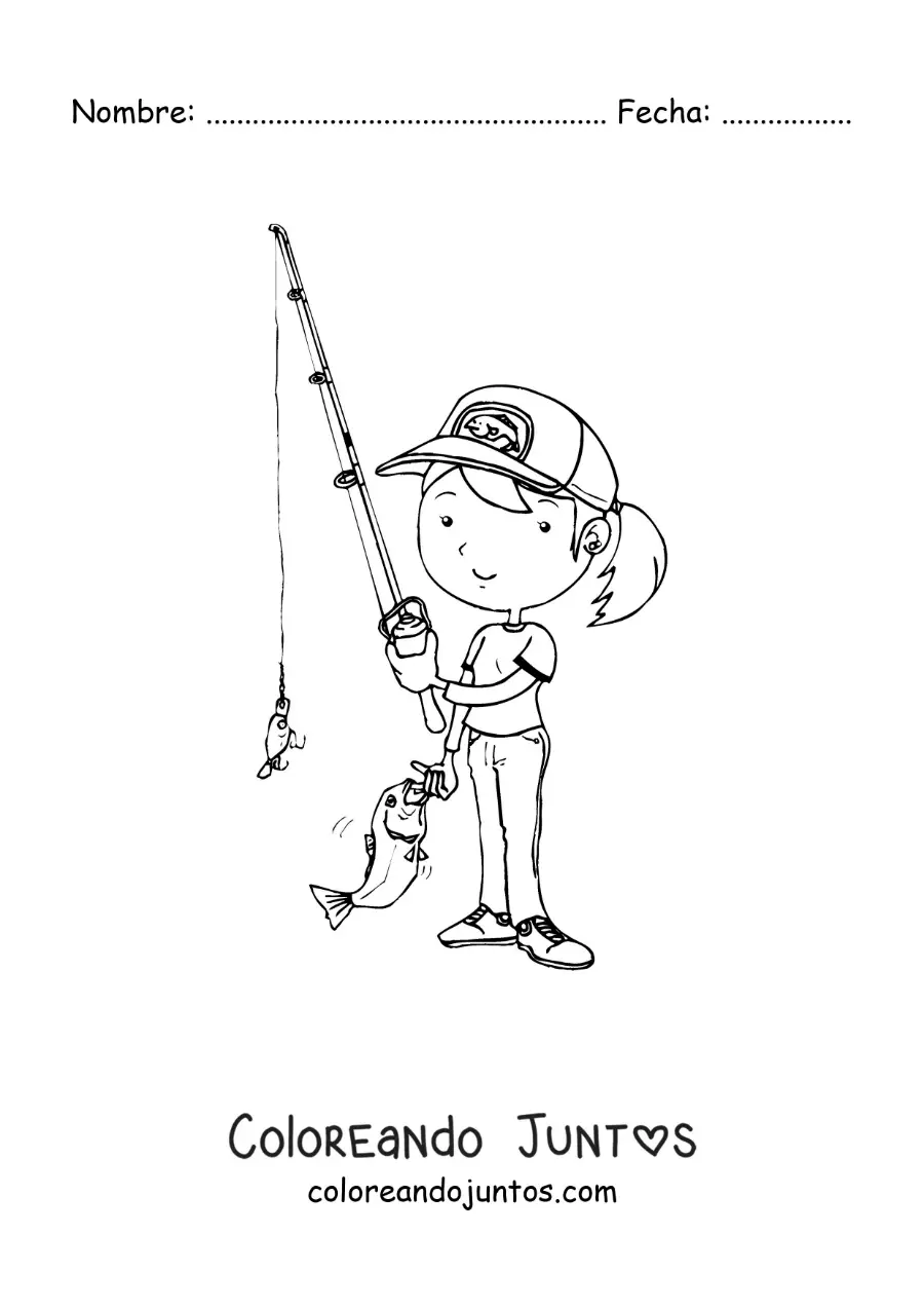 Imagen para colorear de una chica animada pescando un pez con una caña