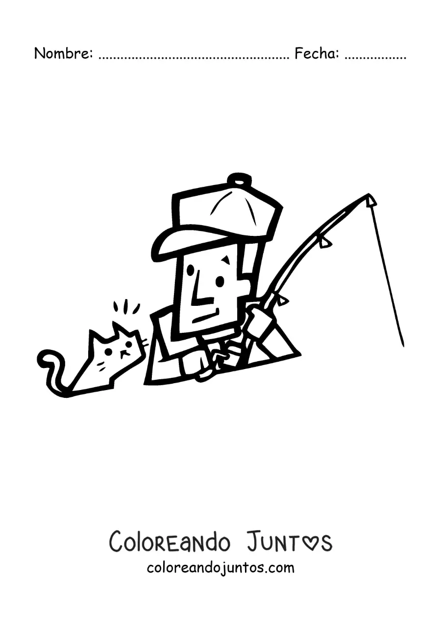 Imagen para colorear de una caricatura de un pescador con su gato