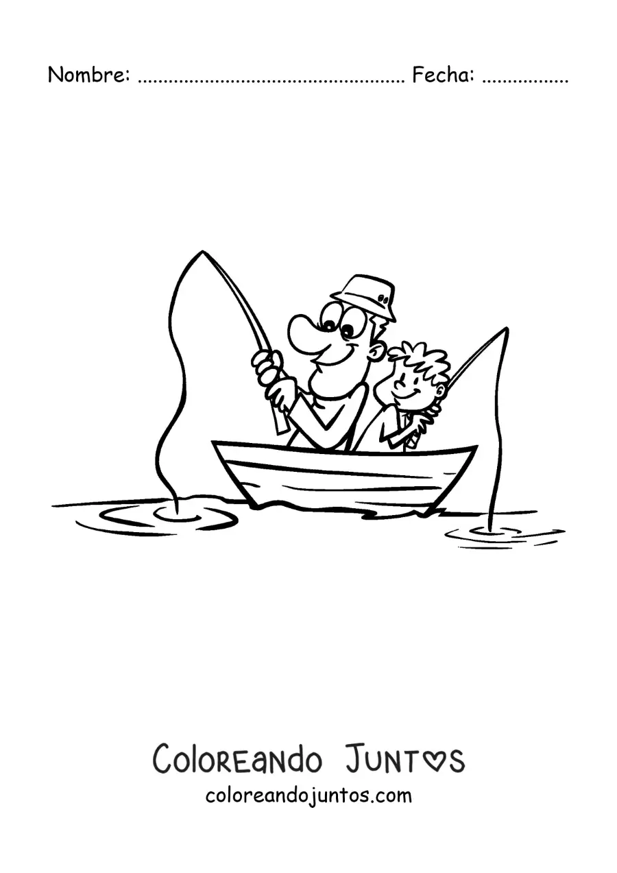 Imagen para colorear de una caricatura de un pescador con su hijo en un bote