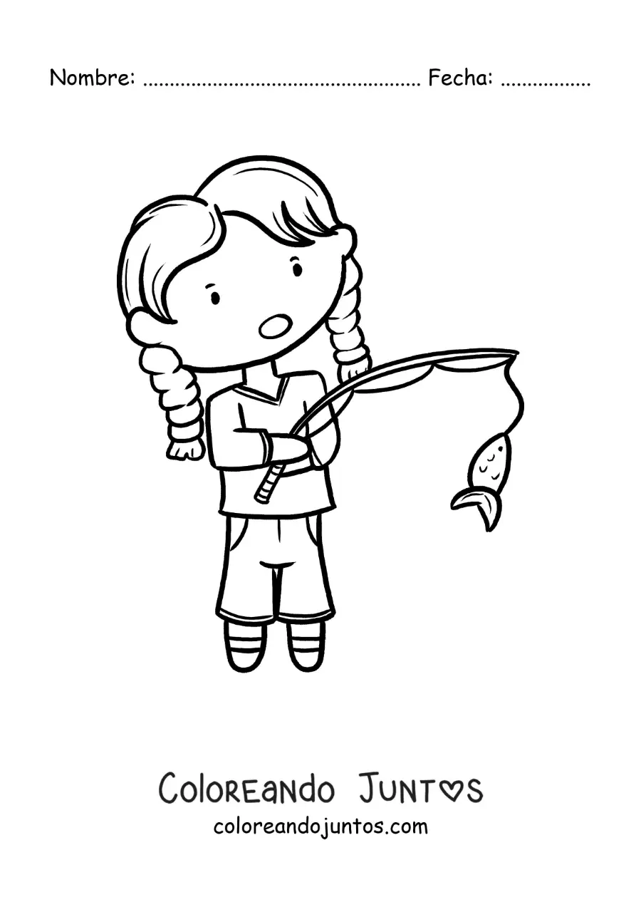 Imagen para colorear de una niña pescando un pez con una caña
