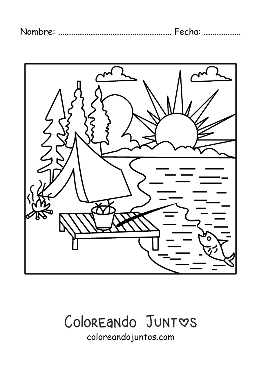 Imagen para colorear de una caña de pescar en un campamento