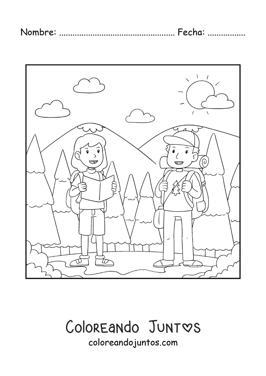 Imagen para colorear de una pareja de excursionistas en un paseo por la montaña