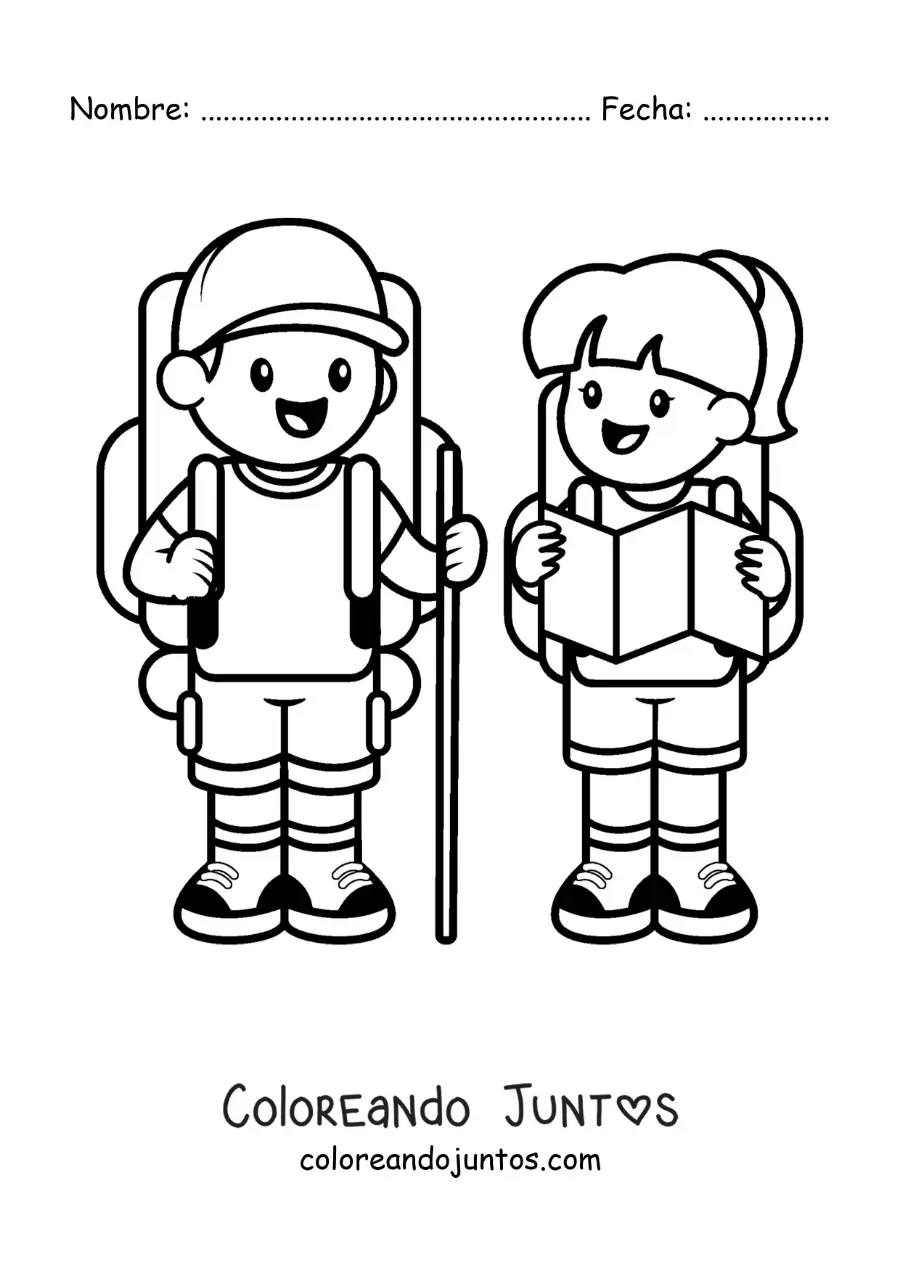 Imagen para colorear de una pareja de excursionistas kawaii con mochilas