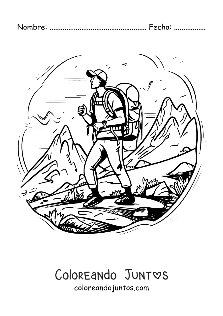 Imagen para colorear de un chico excursionista en la montaña