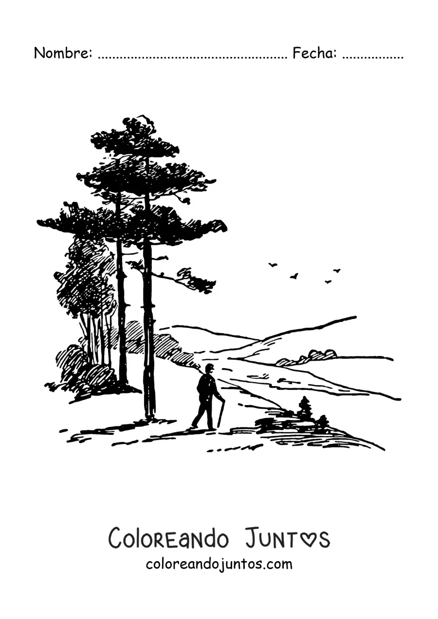 Imagen para colorear de la silueta de un caminante en las montañas