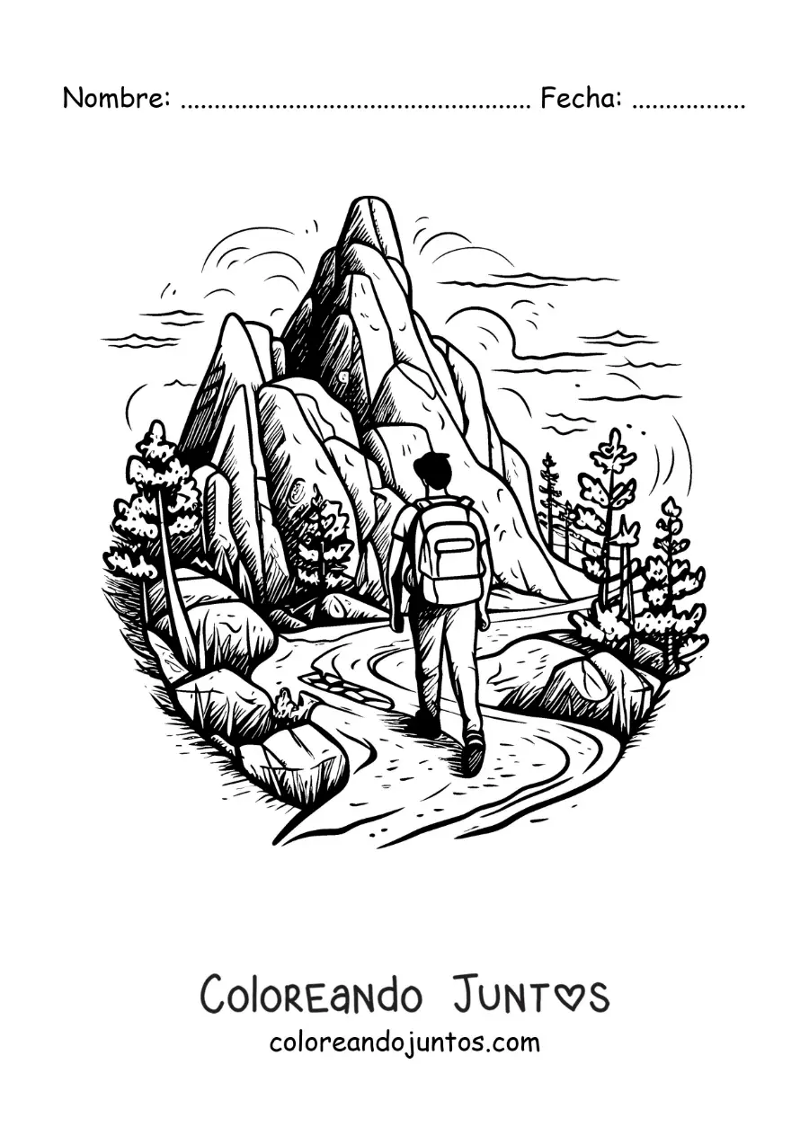 Imagen para colorear de un excursionista de paseo por las montañas
