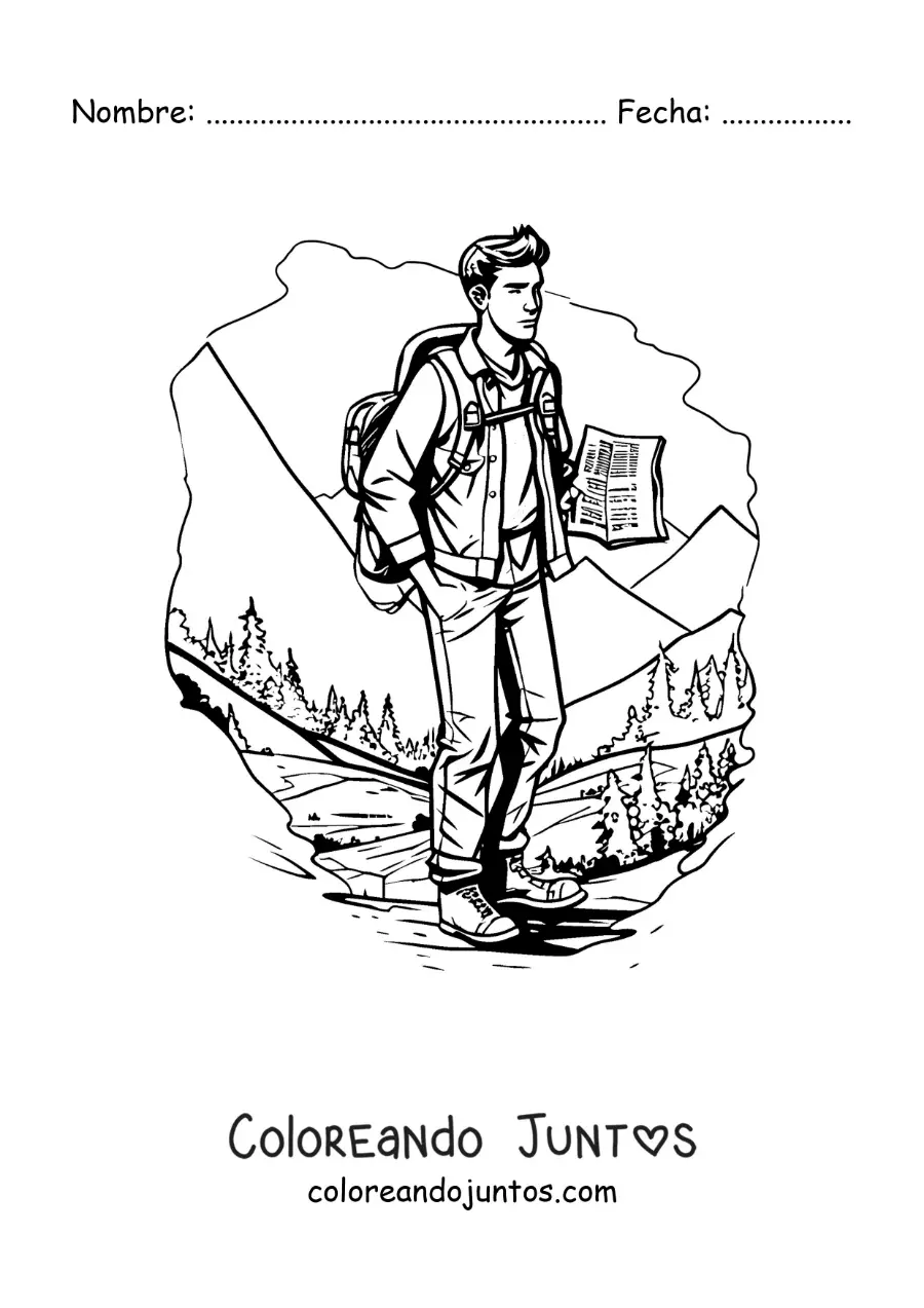 Imagen para colorear de un chico en una excursión entre las montañas en estilo realista