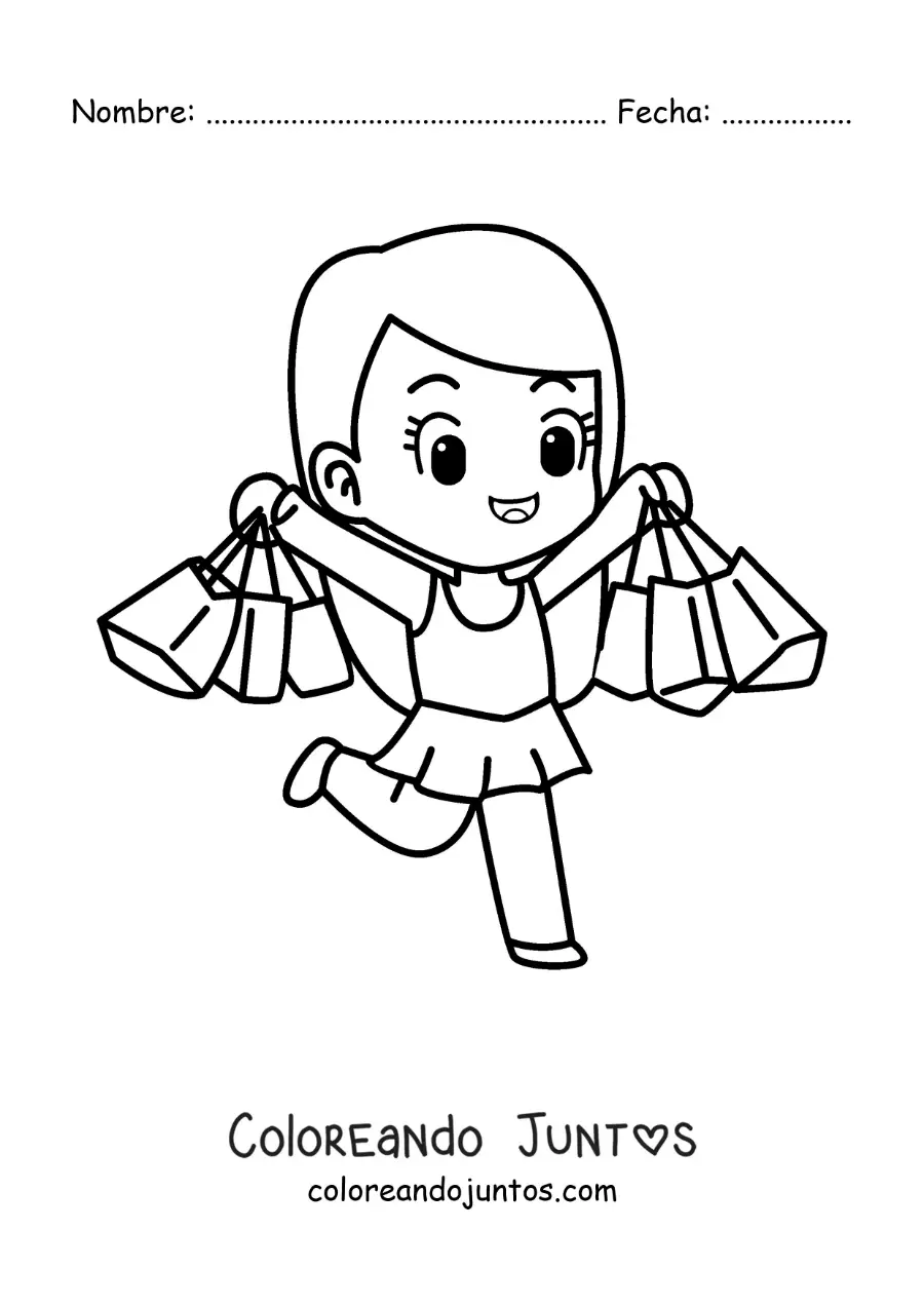 Imagen para colorear de una niña kawaii con vestido con sus bolsas de compras