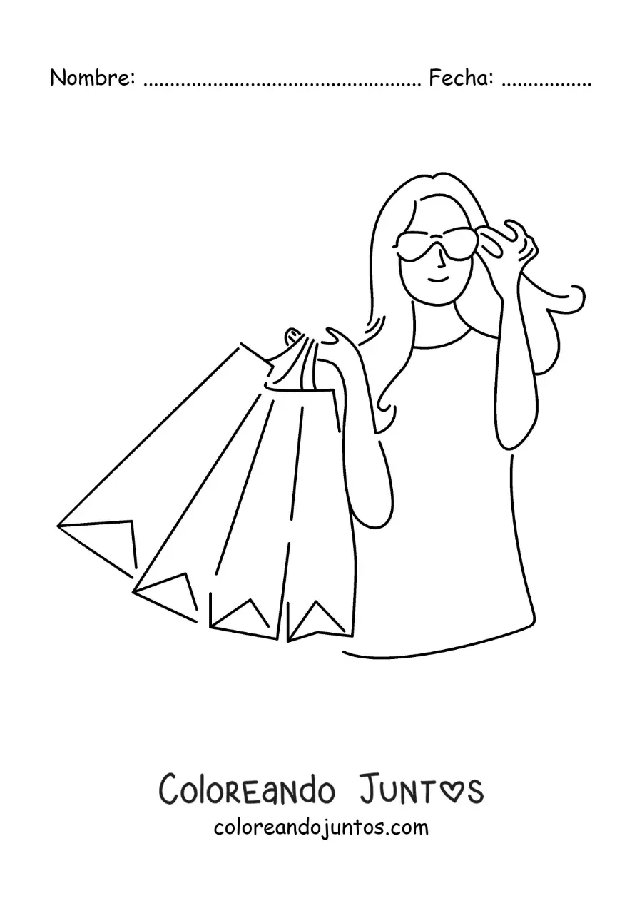 Imagen para colorear de una chica de compras con sus lentes de sol