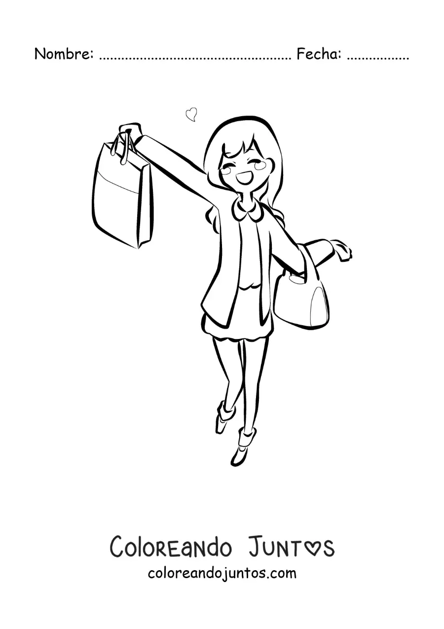 Imagen para colorear de una chica de compras con sus bolsas estilo anime