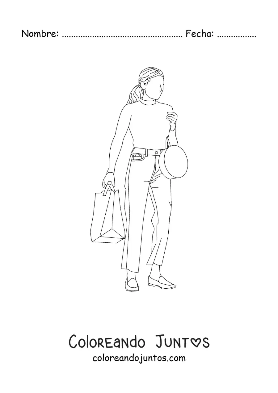 Imagen para colorear de la silueta de una mujer con bolsas de ropa
