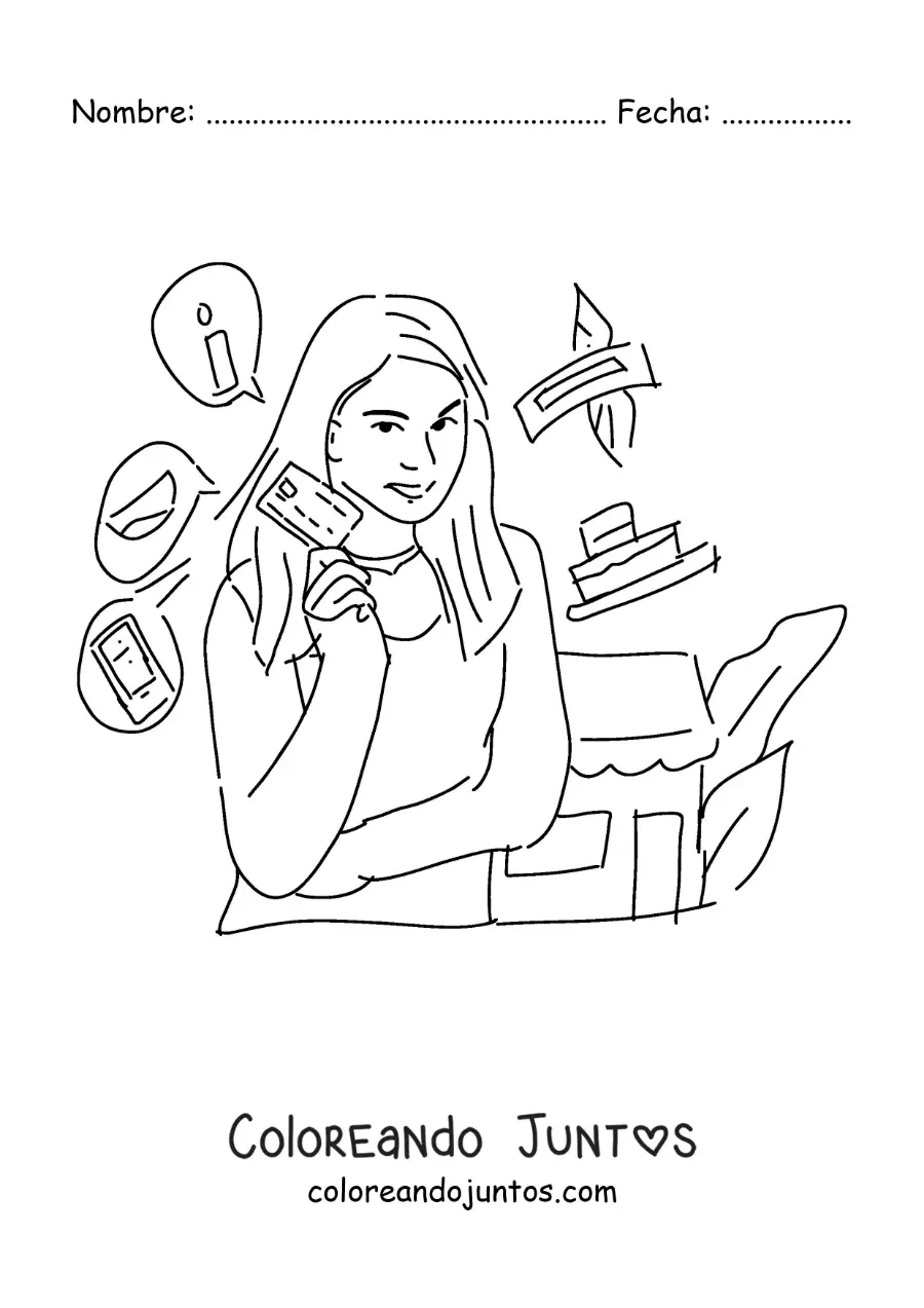 Imagen para colorear de una mujer con su tarjeta de crédito lista para ir de compras